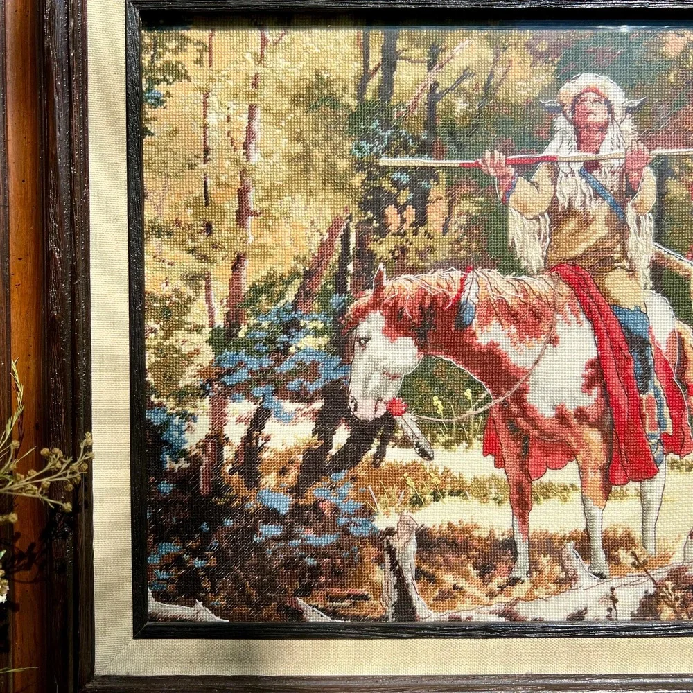 Vintage Needlepoint Indian Horse Art w/ Frame -
